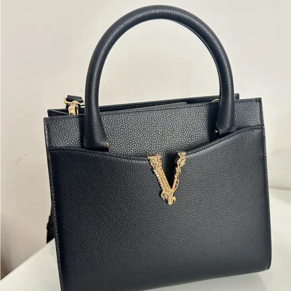 Versace Black Grained Calfskin Leather Top Handle Virtus Handbag Small Crossbody